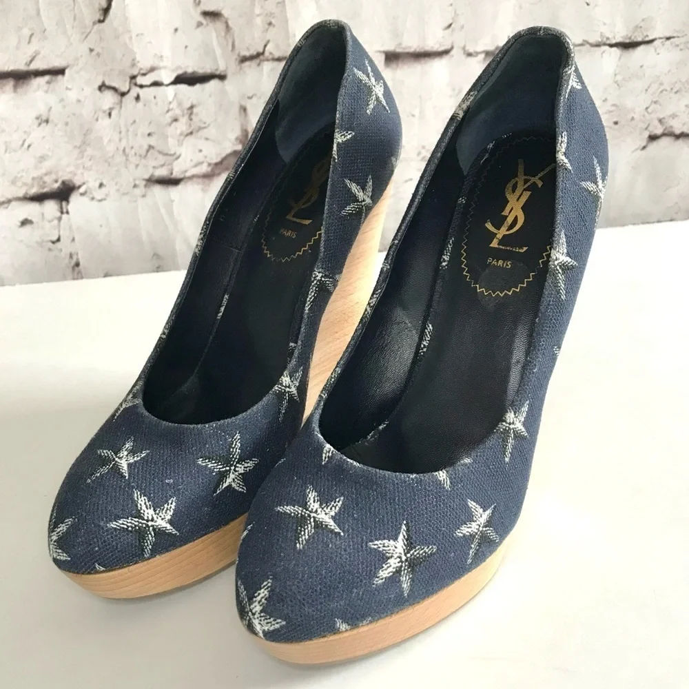 YSL YVES SAINT LAURENT Starfish Print Canvas Platform Wedge Size 9.5 US  EU 39.5